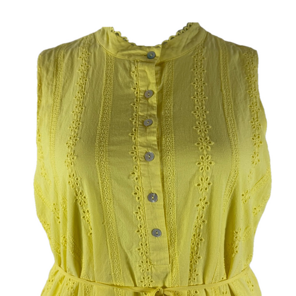 DRAPER JAMES Yellow Cotton Eyelet Button Front Sleeveless Mini Dress SKU0148 - Picture 4 of 10